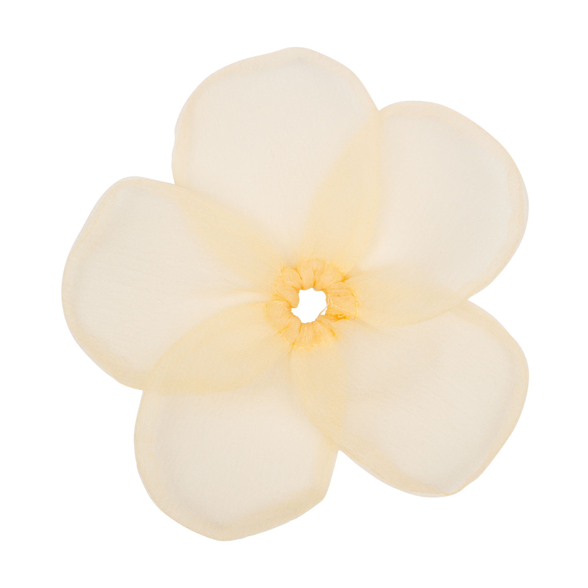 The Sui Ava Buttercup Elastic Big in Yellow features a delicate, five-petal pale yellow organza flower with a translucent look and gathered center, shown against a plain white background.