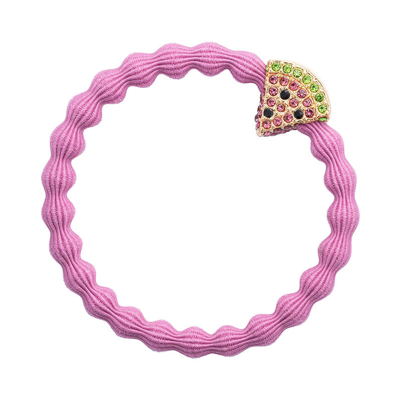 The ByEloise Bangle Band in Pink, Watermelon is a wavy, snag-free hairband featuring a jeweled pizza slice charm with green and pink rhinestones—a fun way to style your hair.