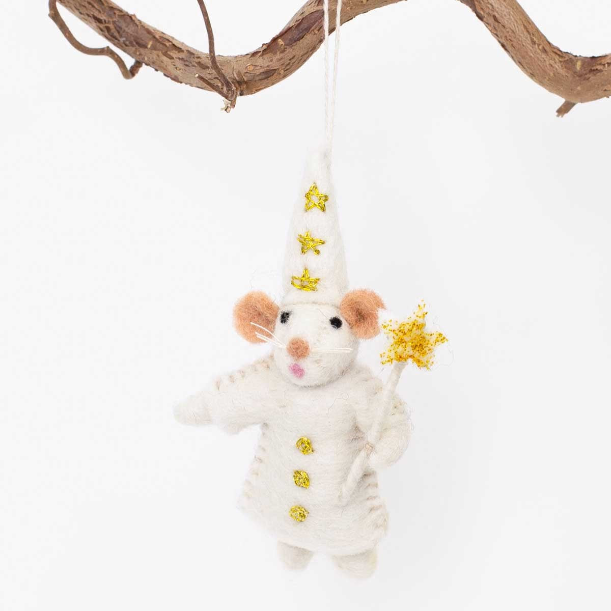 A World of Craft’s Stjärngosse (Star Boy) Mouse Christmas Ornament is a charming handmade holiday decoration, crafted from wool and featuring a felt mouse dressed in a white hat and robe adorned with yellow stars, holding a star wand and ready to hang from your tree.