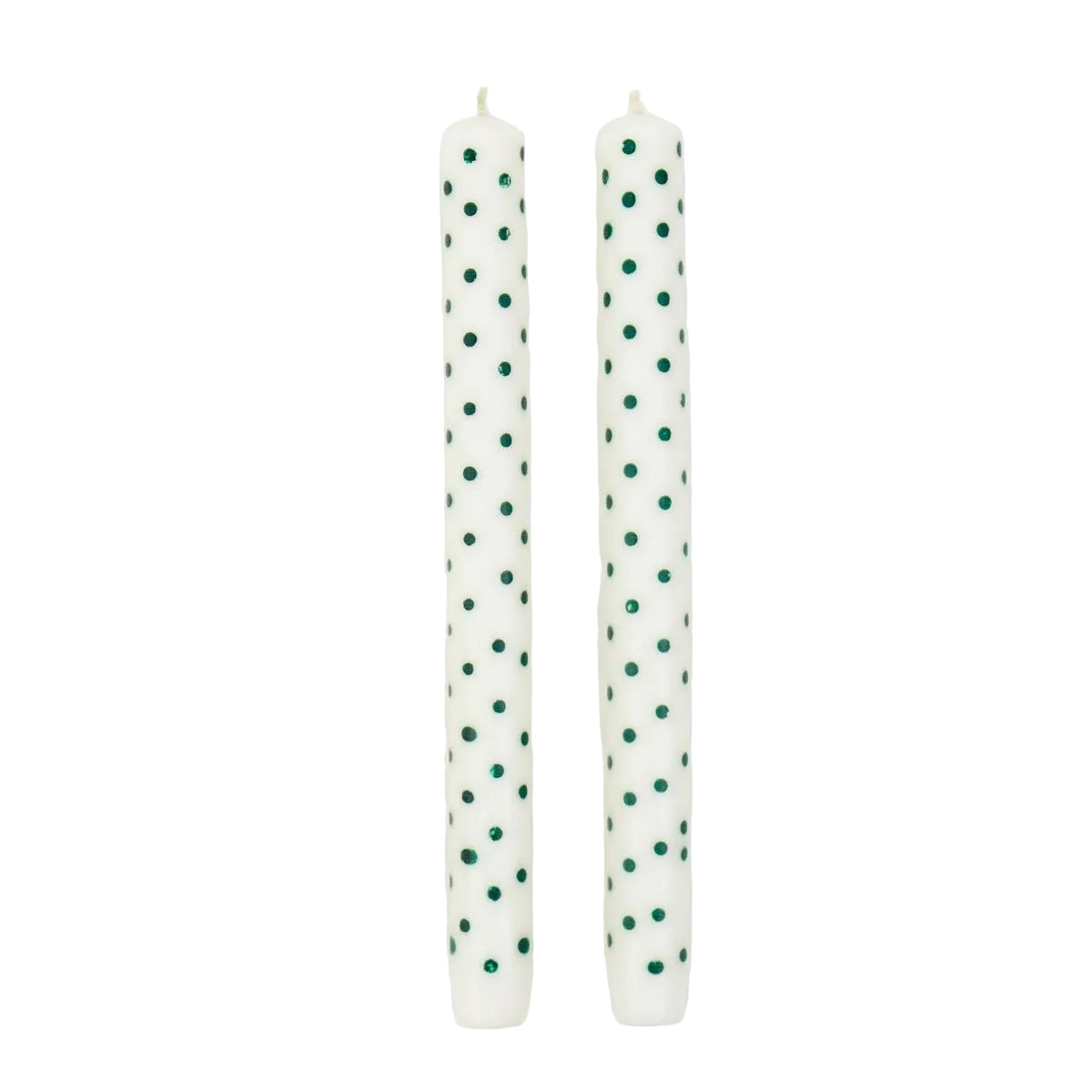 Two handmade Candles Minidot White & Green taper candles decorated with green polka dots.