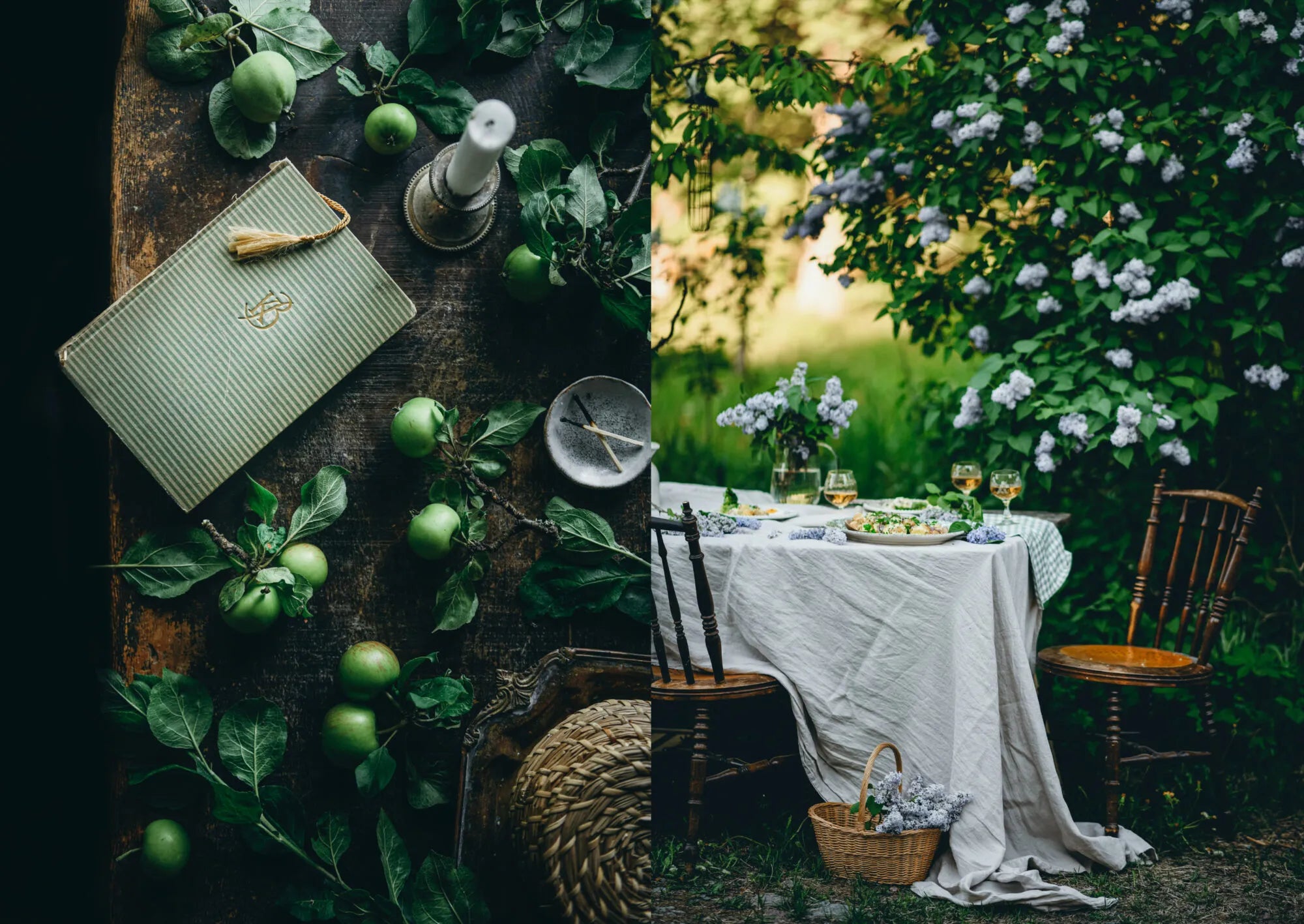 A rustic wooden table with green apples and foliage beside a midsummer setting adorned with lilacs and white cloth captures Nordic summer—perfect for inspiring recipes from the Nordic Summer Cookbook by Cozy Publishing.