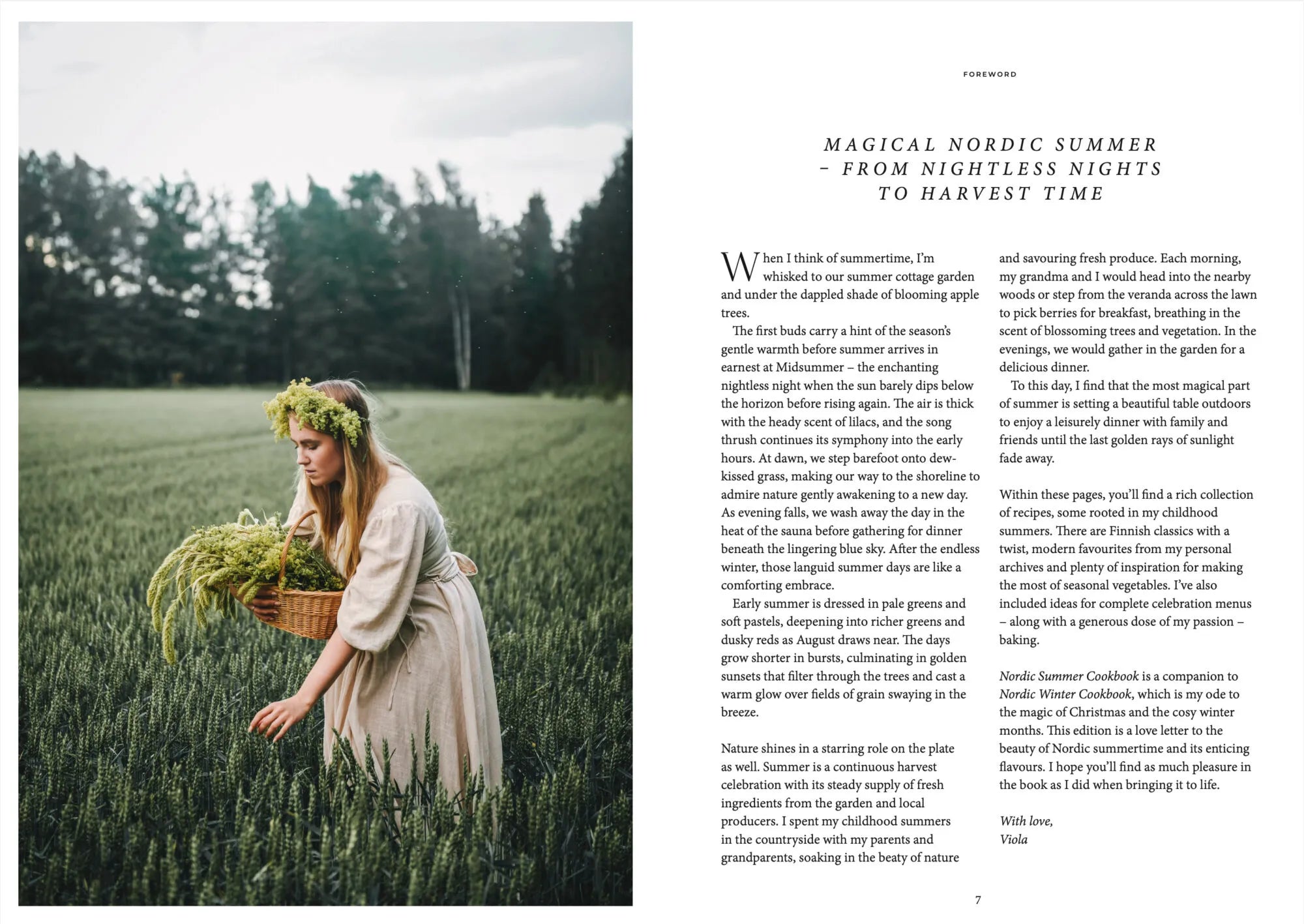 In Cozy Publishing’s Nordic Summer Cookbook, a woman in a green dress and flower crown gathers herbs; the facing page explores Nordic summer traditions, harvests, and classic midsummer recipes.
