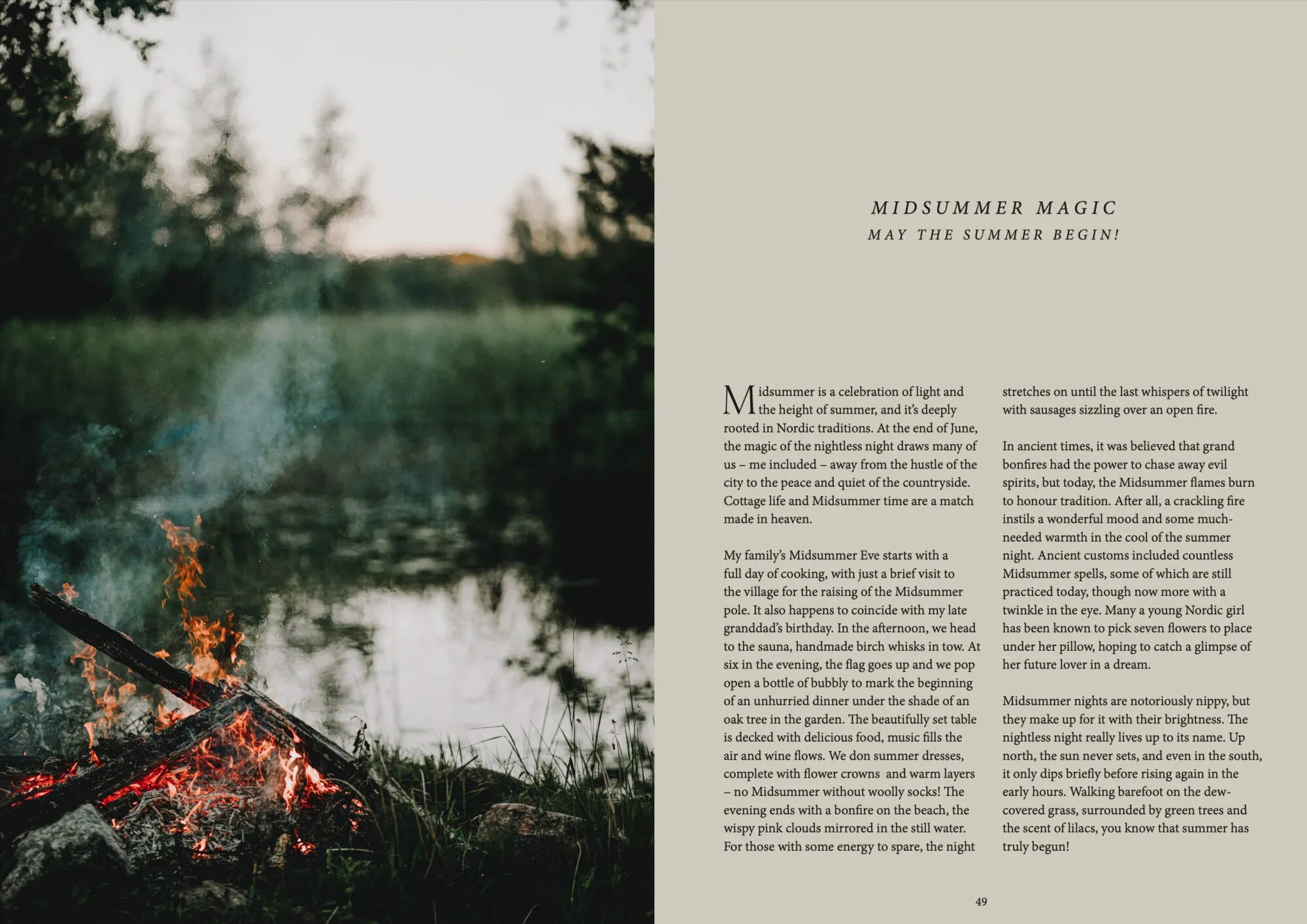 A campfire glows near a grassy field and lake at dusk, with distant forest views, while the Nordic Summer Cookbook by Cozy Publishing features text on midsummer table traditions and Nordic summer recipes on the right-hand page.
