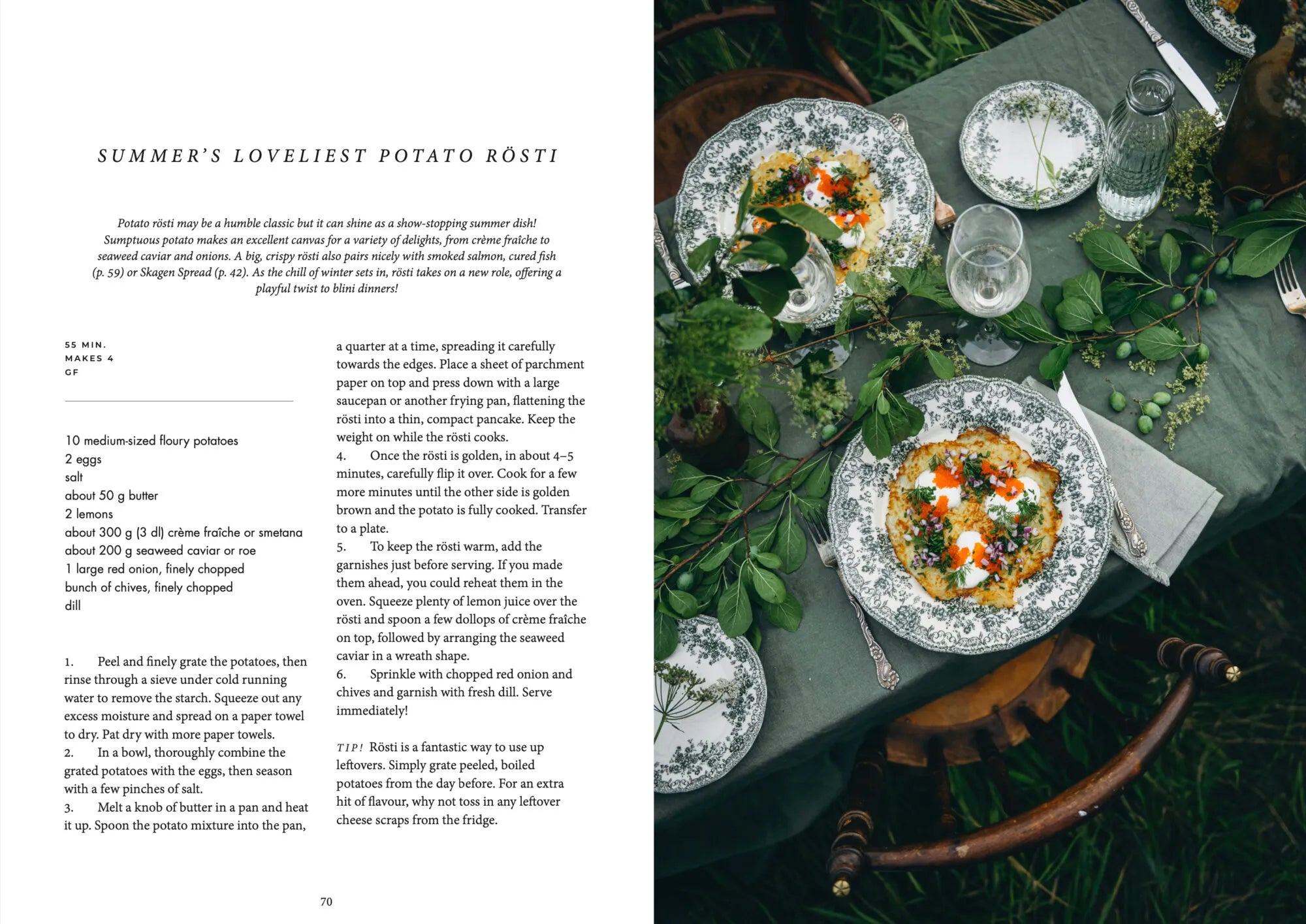 A beautifully set outdoor table with potato rösti, herbs, and rustic decor is displayed beside the Nordic Summer Cookbook by Cozy Publishing, featuring recipes inspired by the flavors of Nordic summer.