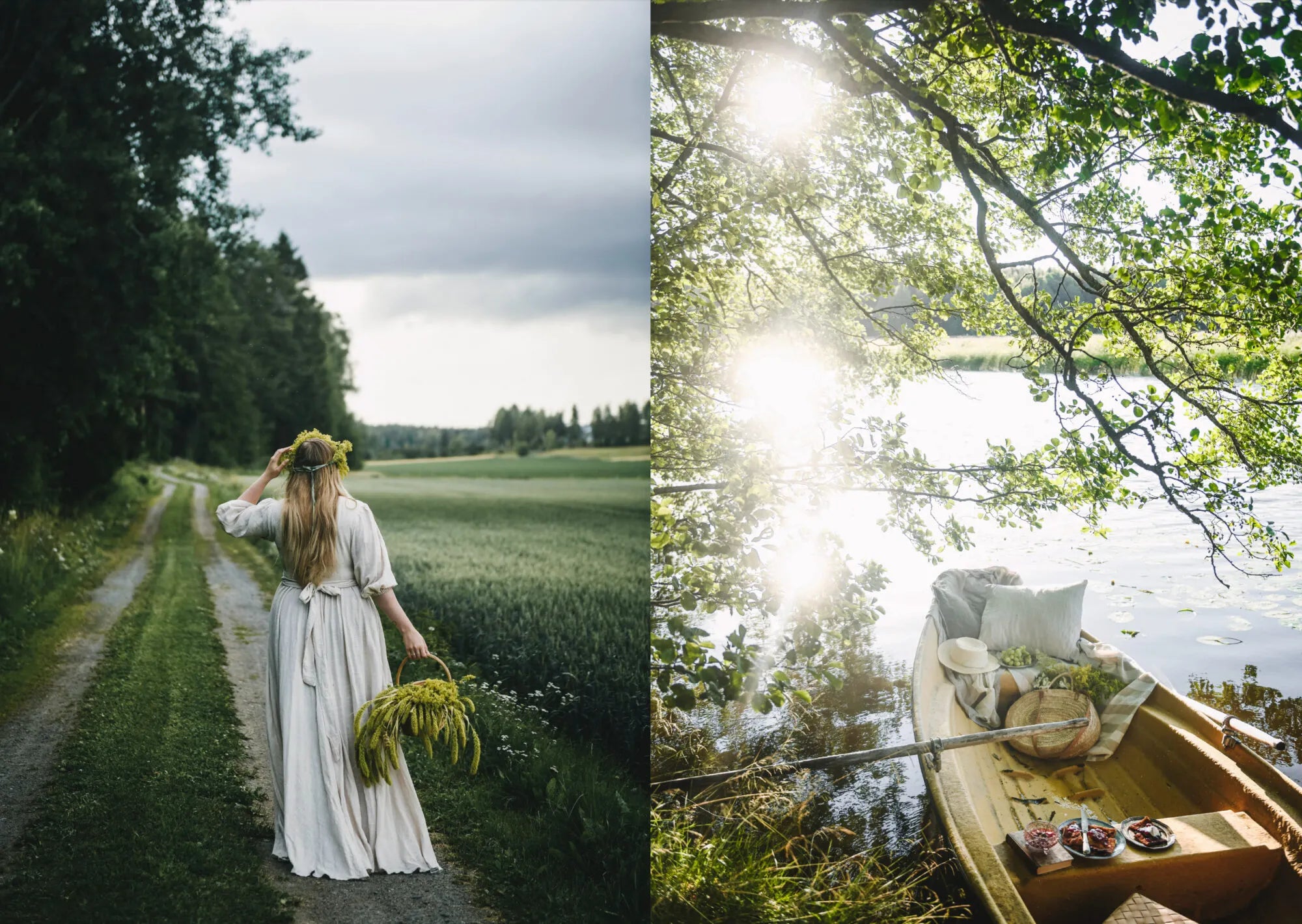 A woman in white strolls a rural path with wild plants as a wooden rowboat with picnic items rests by a sunlit lake, capturing the Nordic summer harvest spirit found in the Nordic Summer Cookbook by Cozy Publishing.