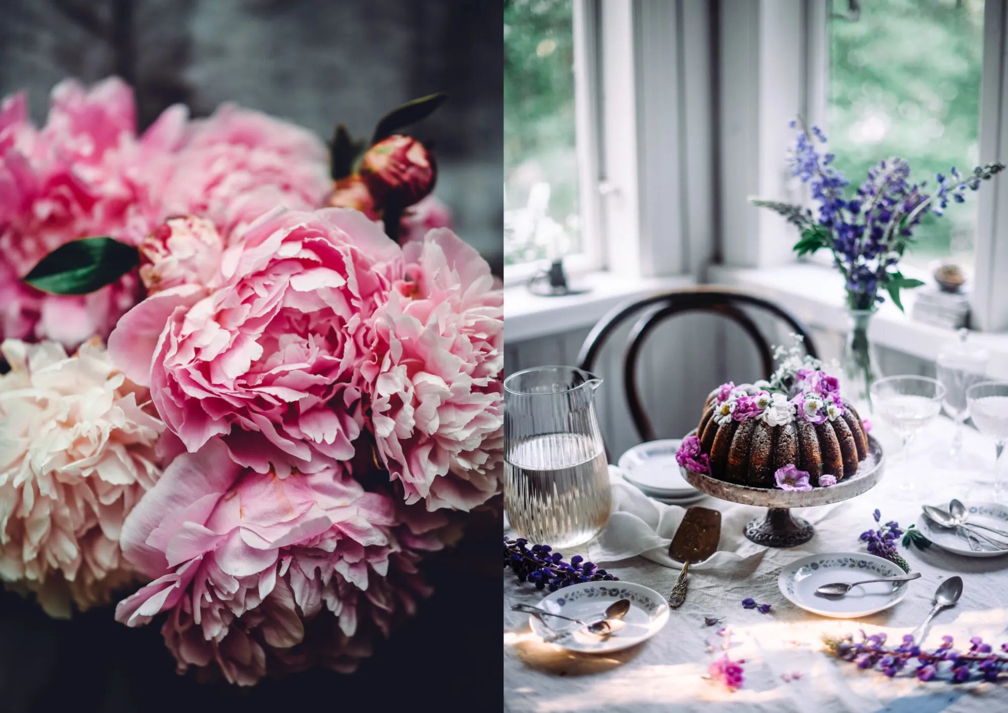 Close-up of pink peonies on the left; on the right, a beautifully set table with bundt cake and flowers by a window—perfect for savoring Nordic summer recipes from the Nordic Summer Cookbook by Cozy Publishing.