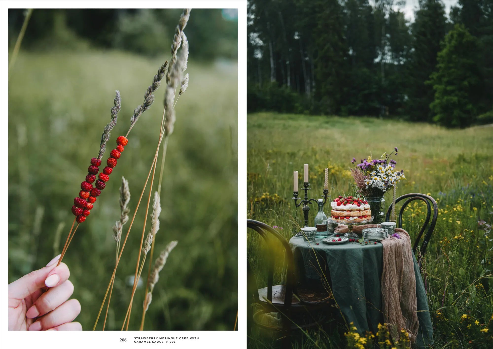A hand holds wild strawberries in a grassy field beside an outdoor table set with cake and flowers, evoking the magic of summer harvest—an image inspired by the Nordic Summer Cookbook from Cozy Publishing.