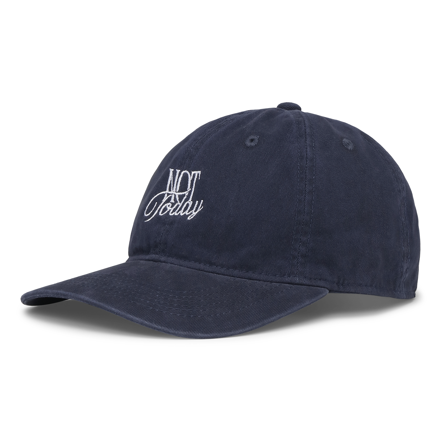 The Sui Ava Everyday Essential Cap, Not Today, in Blue is a vintage-inspired washed cap with white "NOT Polite" embroidery on the front, a curved brim, and visible stitching details.