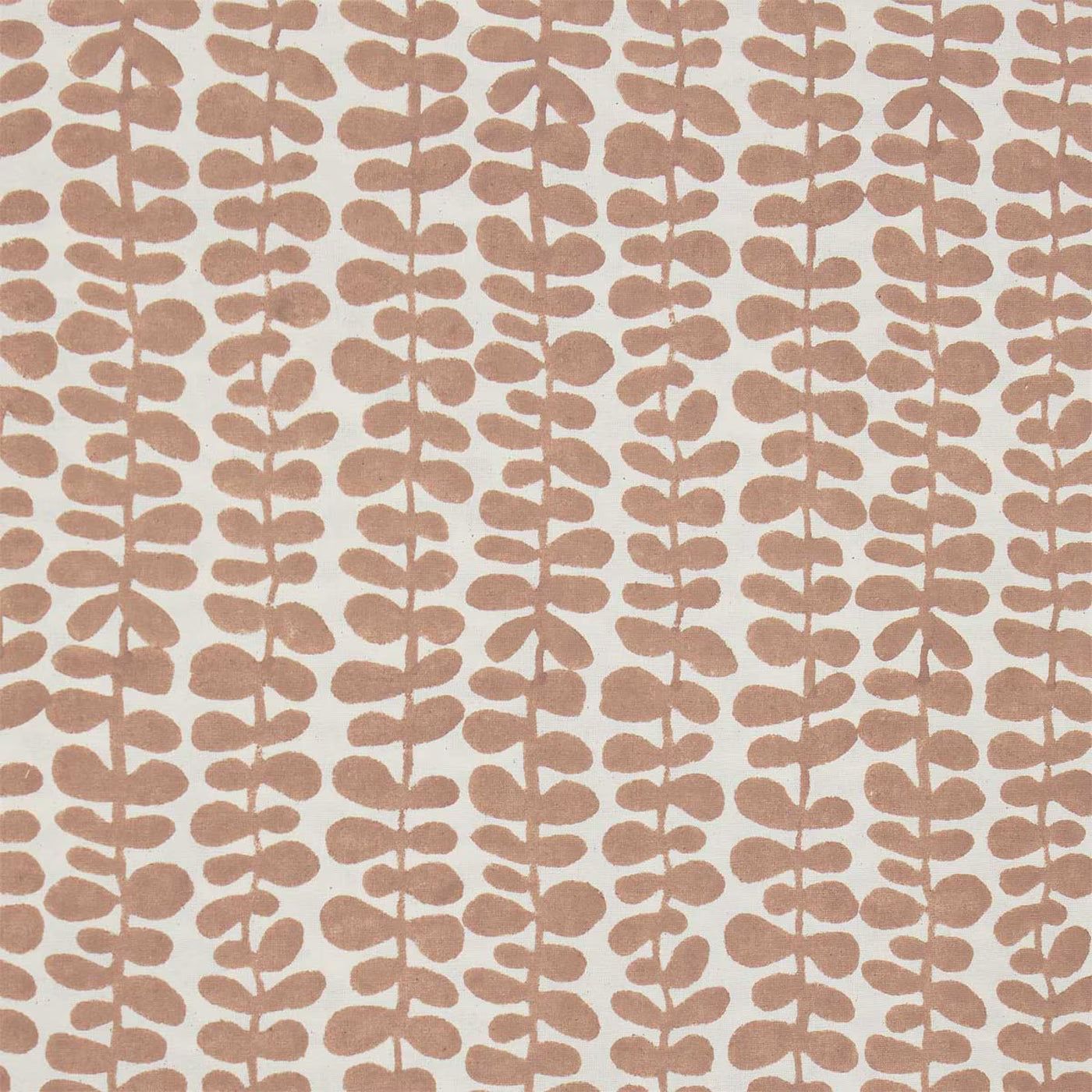 The Tablecloth Foliage in Pink & Off White by A World of Craft features a repeating pattern of stylized leaf shapes on a light background, evoking block print charm and botanical elegance. Handmade, 140 cm x 260 cm.