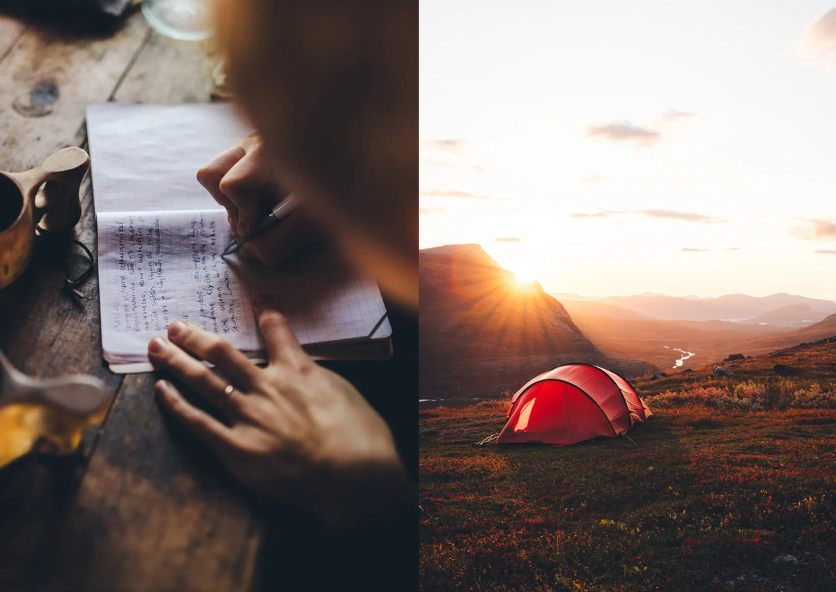 A person writes in a notebook on a wooden table, perhaps recording favorite recipes from Food Over the Campfire – Recipes for Day Hikes and Wilderness Treks by Cozy Publishing, beside a photo of a red tent set up on a hillside at sunset with mountains and a river in the background.
