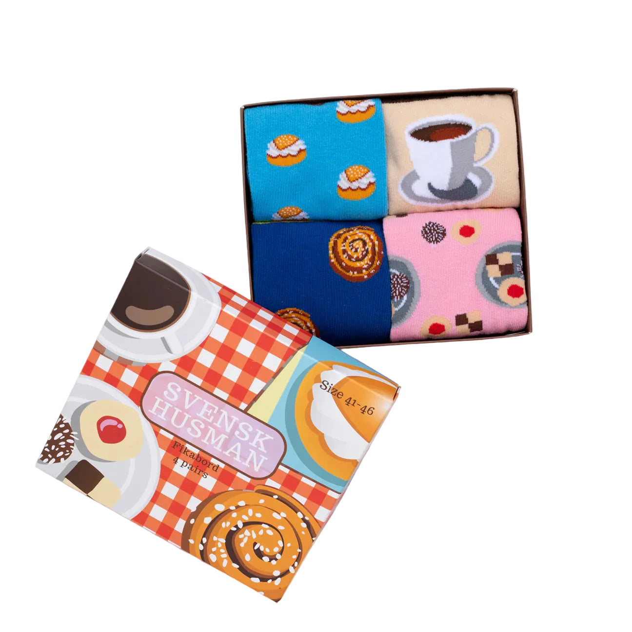 Set of colorful socks with food-themed designs in a box on a purple background