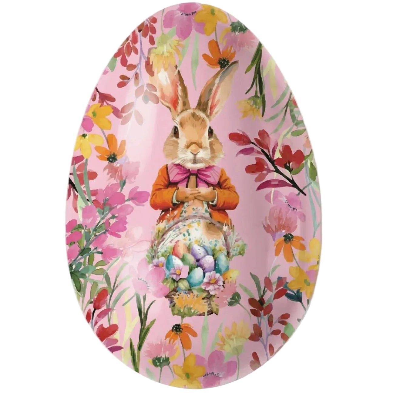 The Saga Reusable Easter Egg by Gåva Gifting is a Swedish-style Påskägg tin, featuring a colorful floral pattern and an illustration of the Easter bunny in an orange jacket holding a basket of pastel eggs.