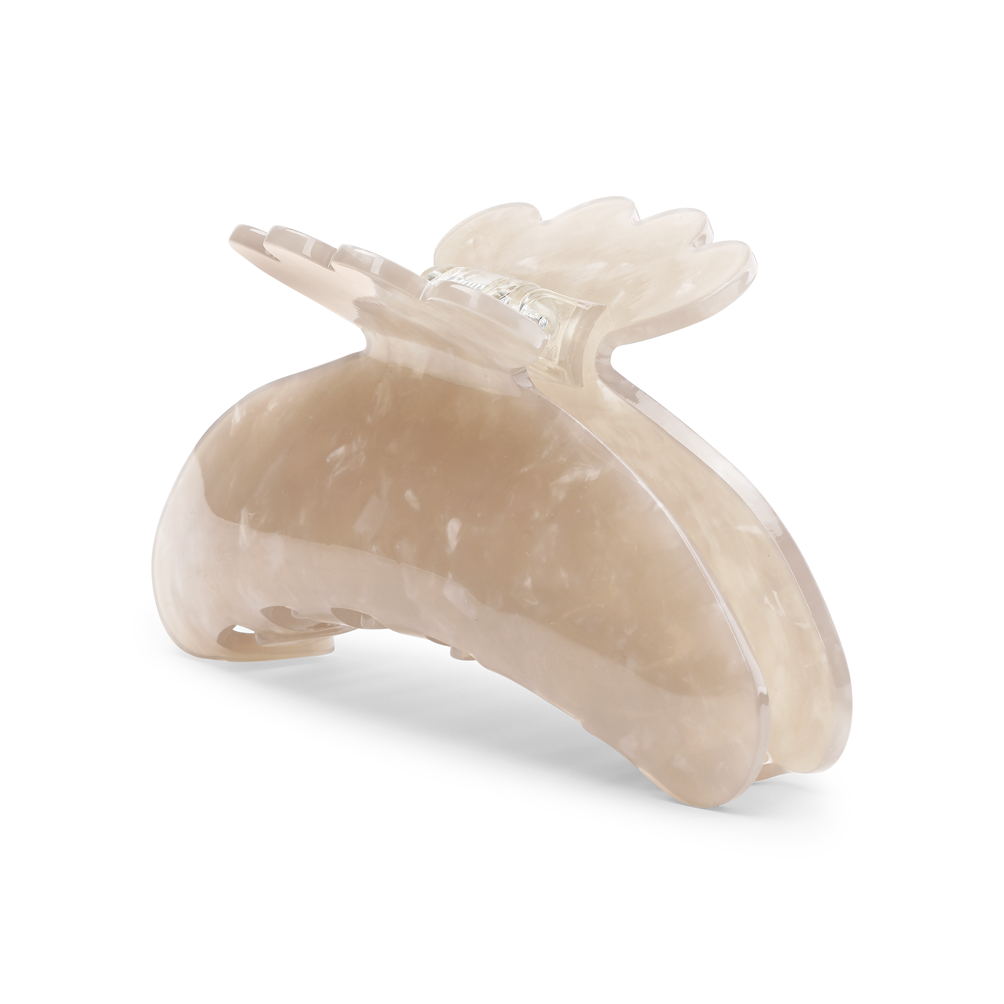 The Sui Ava Helle Nordic Big Hair Claw Clip in Oatmeal is a chic, marble-patterned accessory with a curved shape and interlocking teeth, shown on a plain white background.