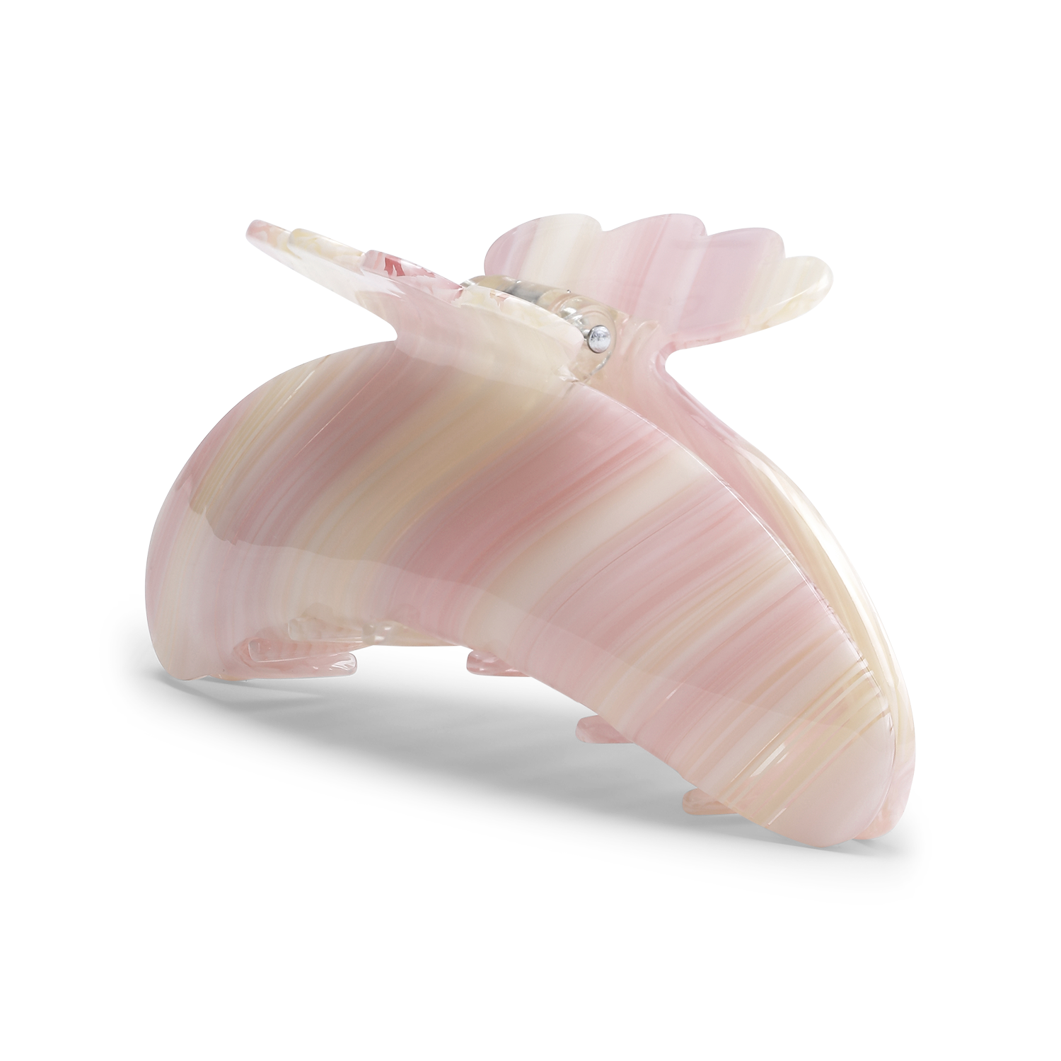 The Sui Ava Helle Viola Biggest Hair Claw Clip in Rosa Pink features a pastel pink and cream marble pattern, curved shape, and scalloped edges—perfect for thick hair. Photographed on a plain white background.