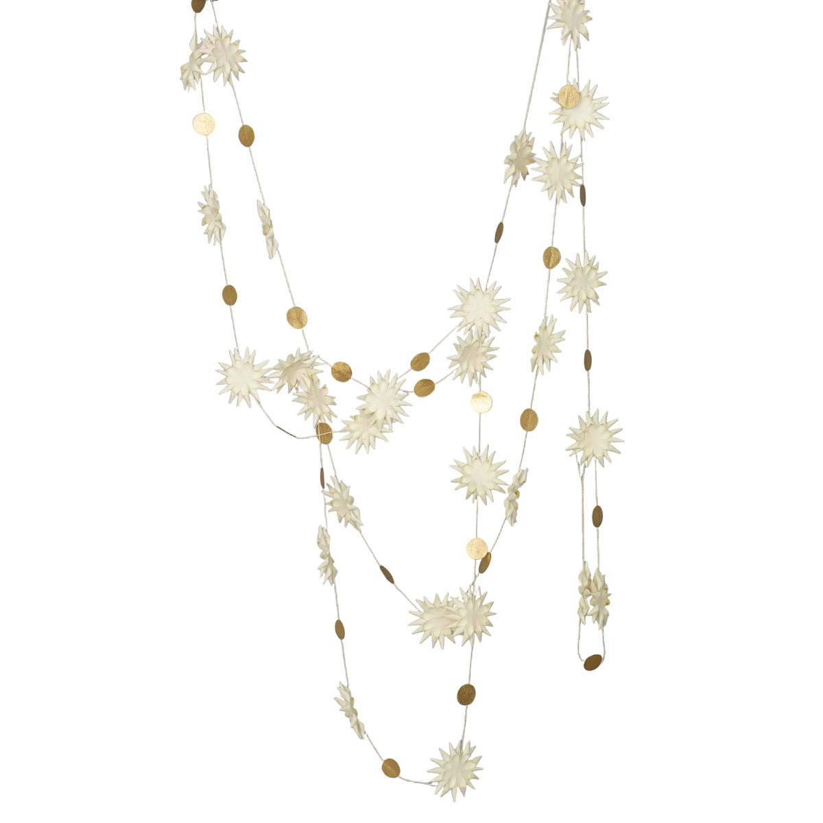 The Handmade Kotte Garland in white and gold by A World of Craft features eco-friendly paper starbursts and gold discs, displayed against a plain gray background.