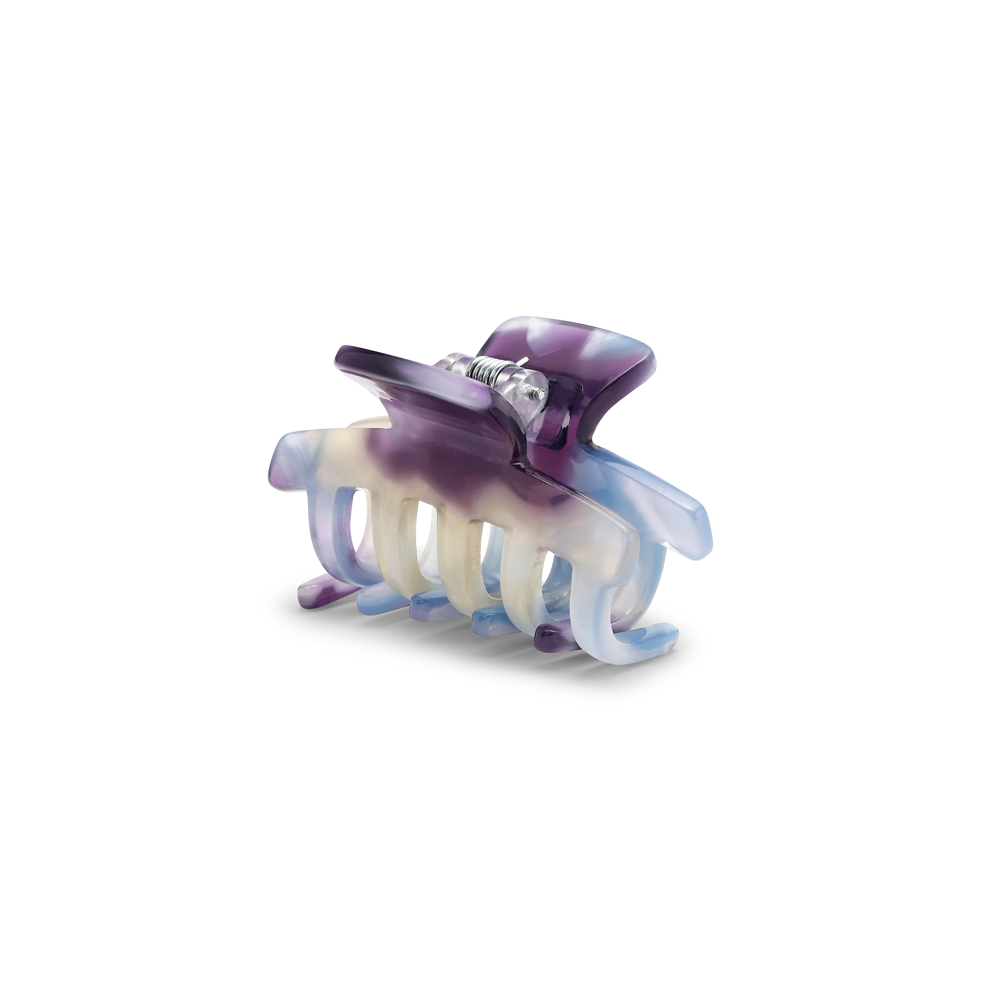 The Sui Ava Lea Believe Mini Hair Claw Clip in Sky Blue features a stylish marbled design in purple, white, and blue, shown against a plain white background.