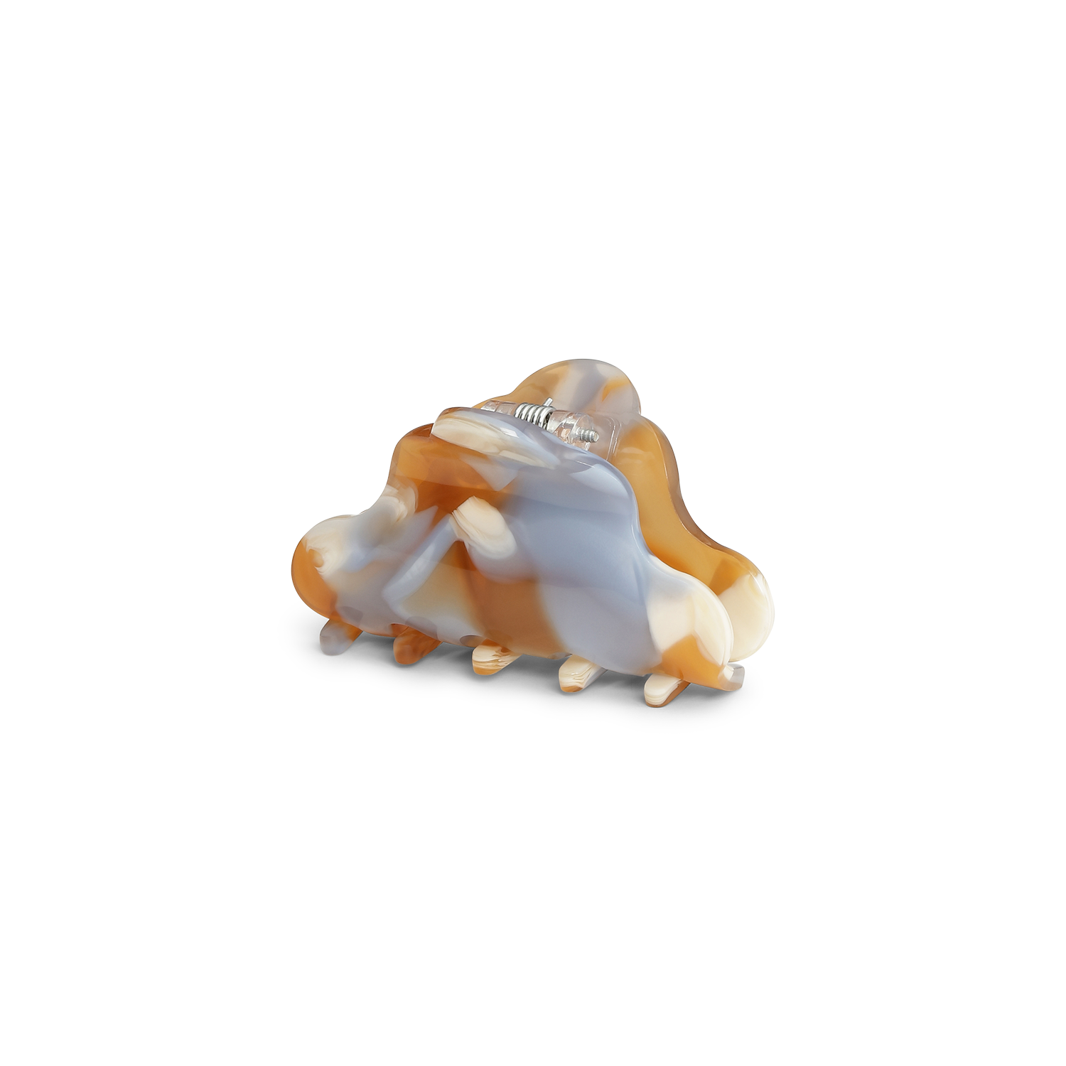 The Sui Ava Lene Icy Mini Hair Claw Clip in Salted Caramel features a cloud-shaped marbled design in beige, brown, and light blue with a sturdy metal spring hinge—ideal for stylishly securing your hair.