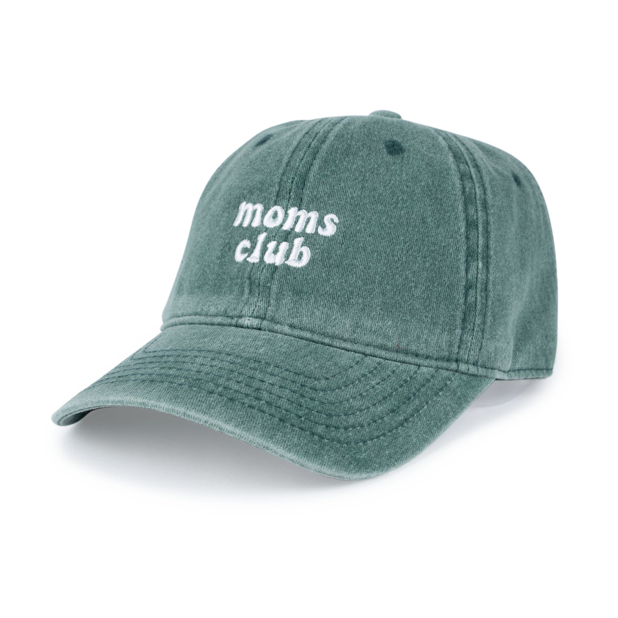 The Sui Ava Everyday Cap, Moms Club, in Green is a 100% cotton washed cap with white "moms club" embroidery on the front, shown against a plain white background.