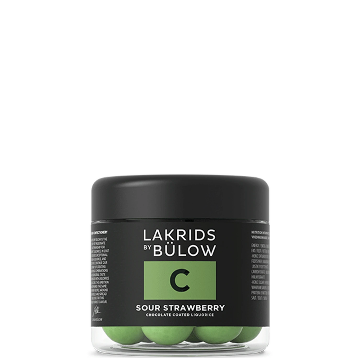 A jar of Lakrids by Bülow Sour Strawberry Liqourice, Small, C, showcases a black label with green accents and vibrant candies inspired by green strawberries and red liquorice, all visible inside the transparent container.