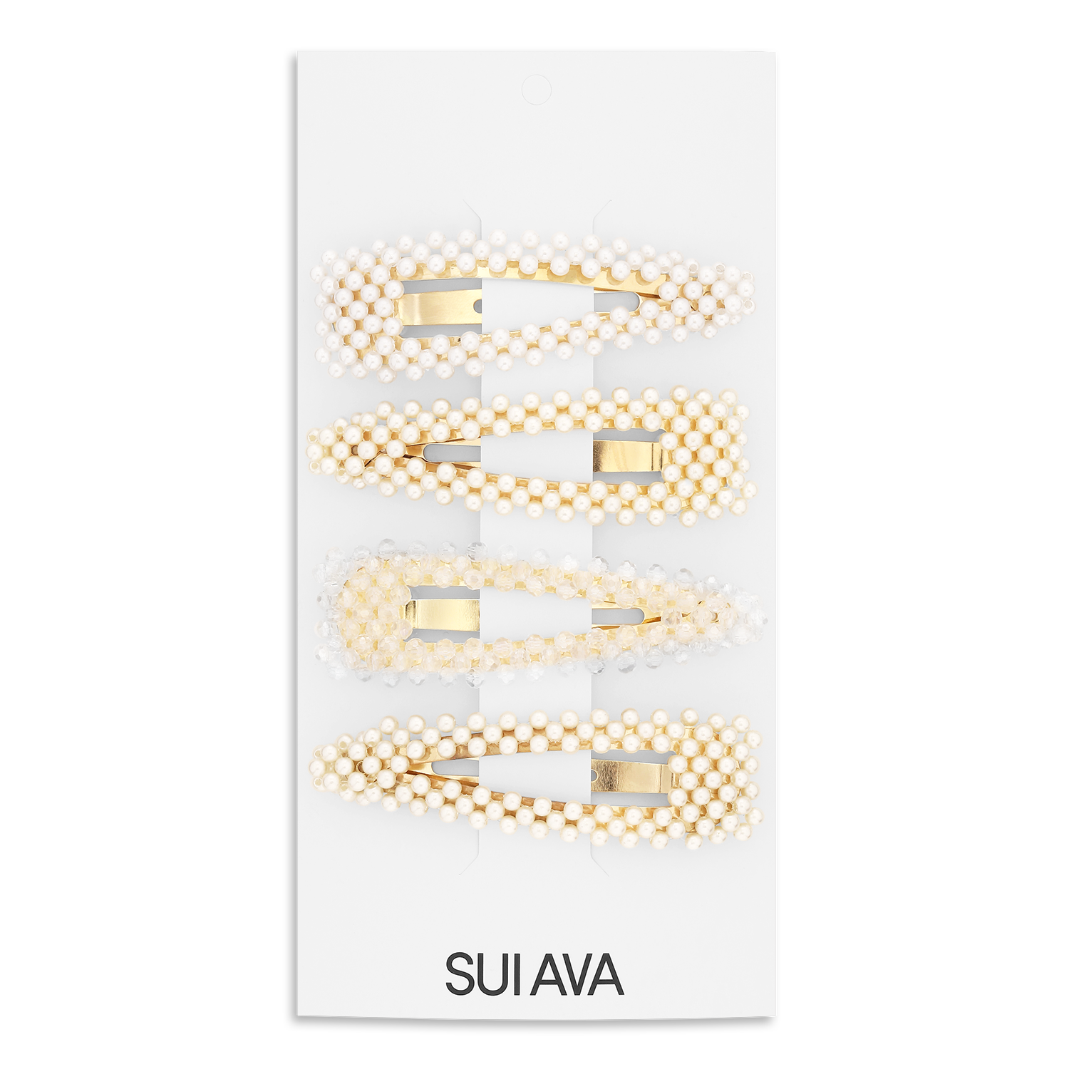 The Pearly Hair Clips by Sui Ava include four gold-tone snap clips with small faux pearls, presented on a white card labeled "Sui Ava" at the bottom.
