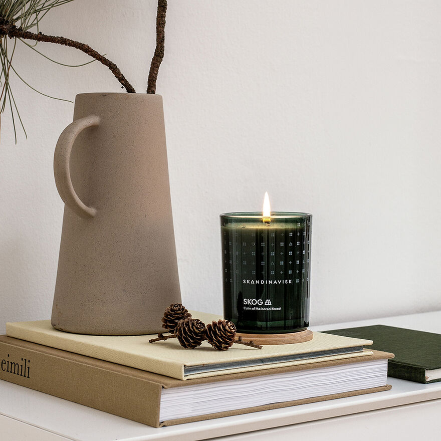 A beige ceramic vase with a twig sits beside the Skandinavisk Scented Candle Skog 50h, 200g—pine needle scented—arranged with pinecones atop closed books on a light surface.