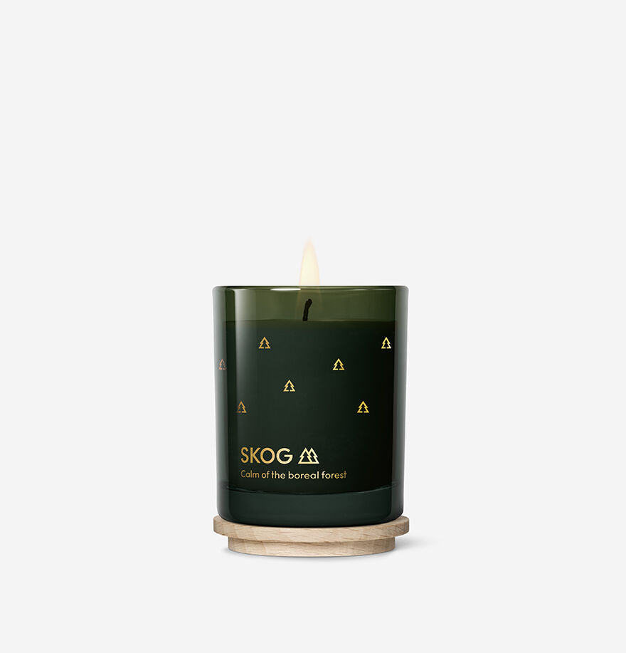 The Skandinavisk Seasonal Skog Gold Scented Candle (20h, 65g) glows on a round wooden coaster, its Swedish rapeseed wax filling a green glass holder, set against a plain white background.