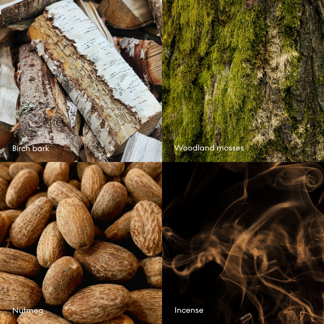 Four images, clockwise: chopped birch bark, moss on bark, incense smoke, and nutmeg seeds—reflecting the earthy notes and fresh aroma of the Skandinavisk Seasonal Stuga Scented Candle 50h, 200g.
