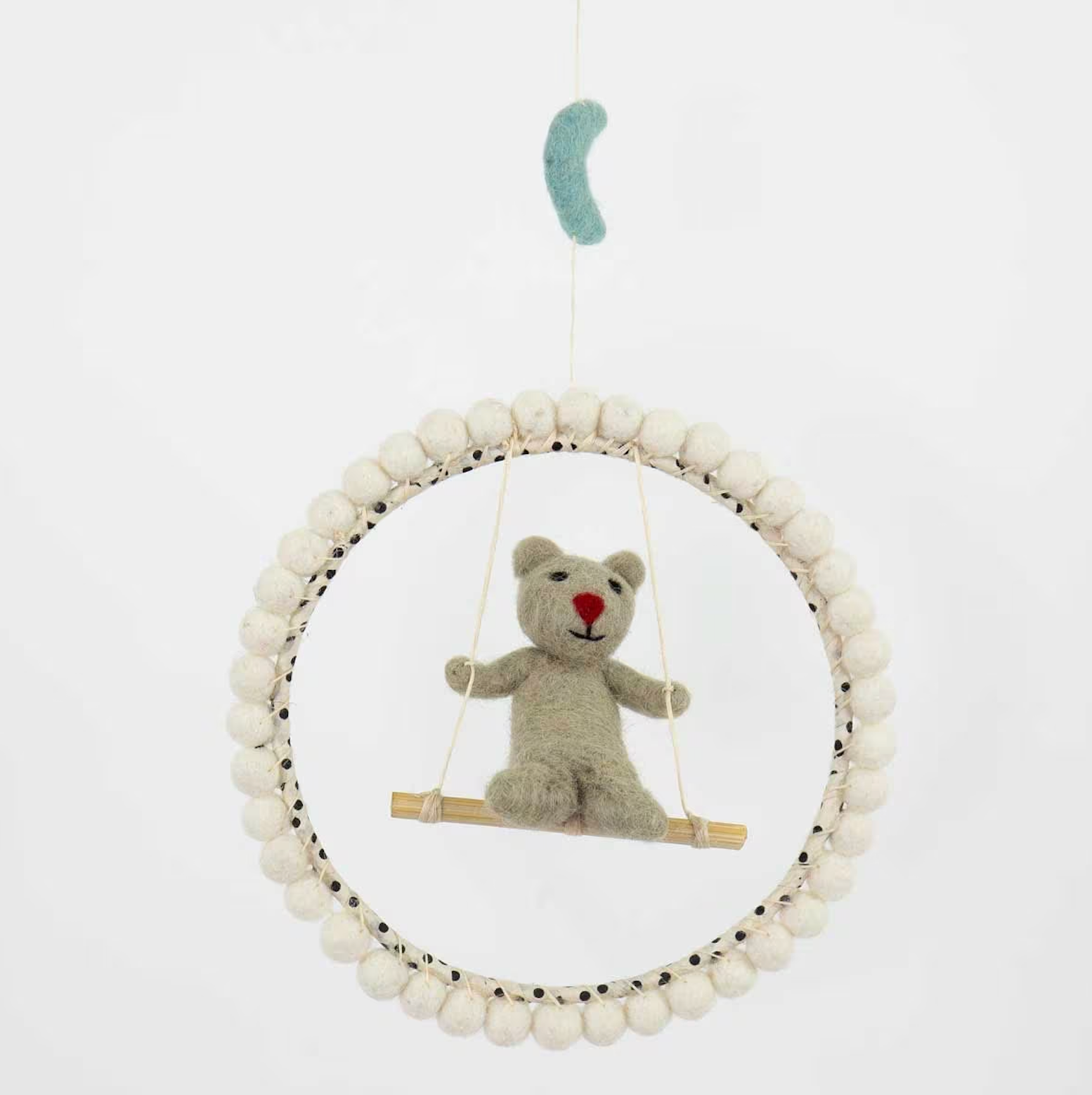Mobile, He Swings, Bear on Swing, Handmade in wool, 18cm - in giftbox