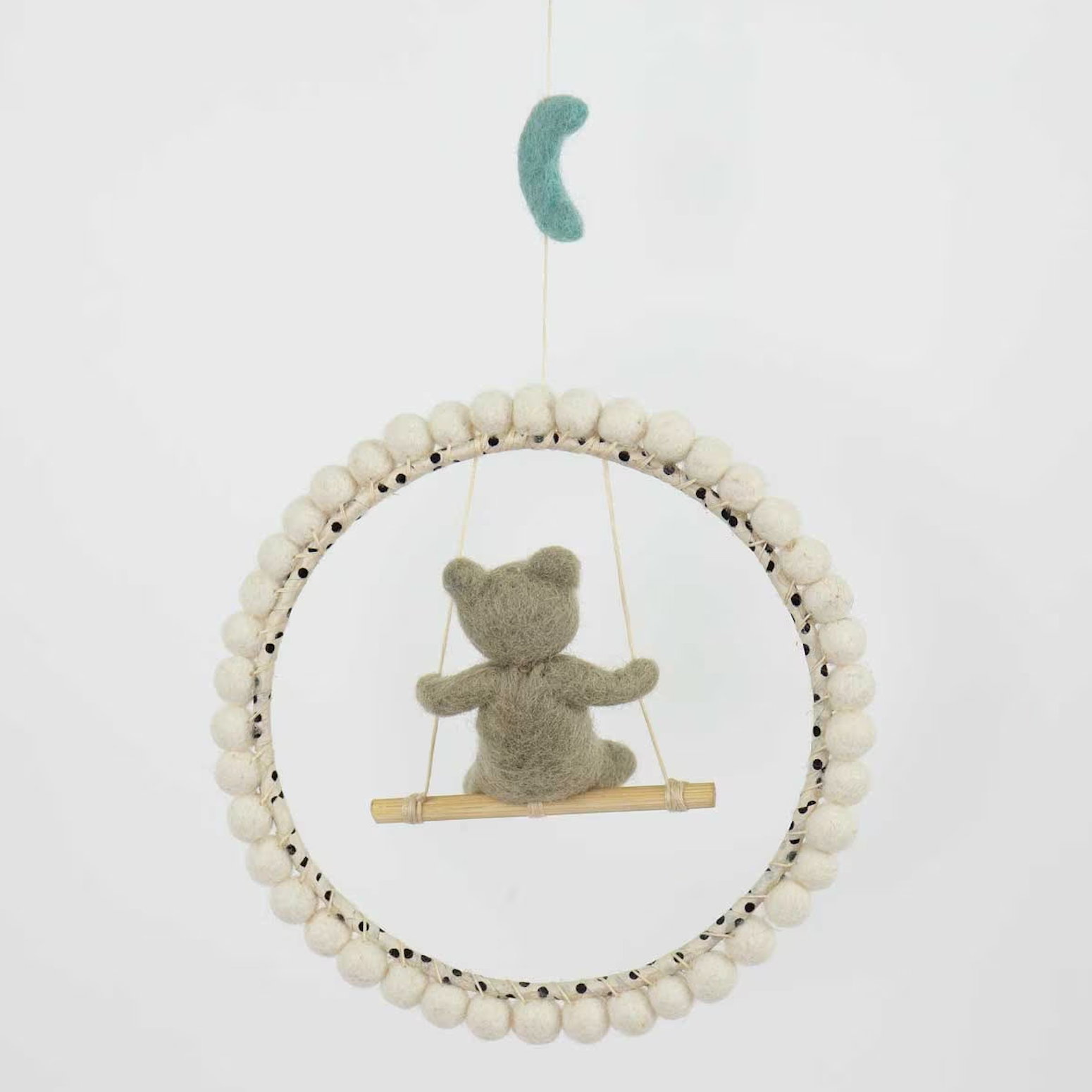 Mobile, He Swings, Bear on Swing, Handmade in wool, 18cm - in giftbox