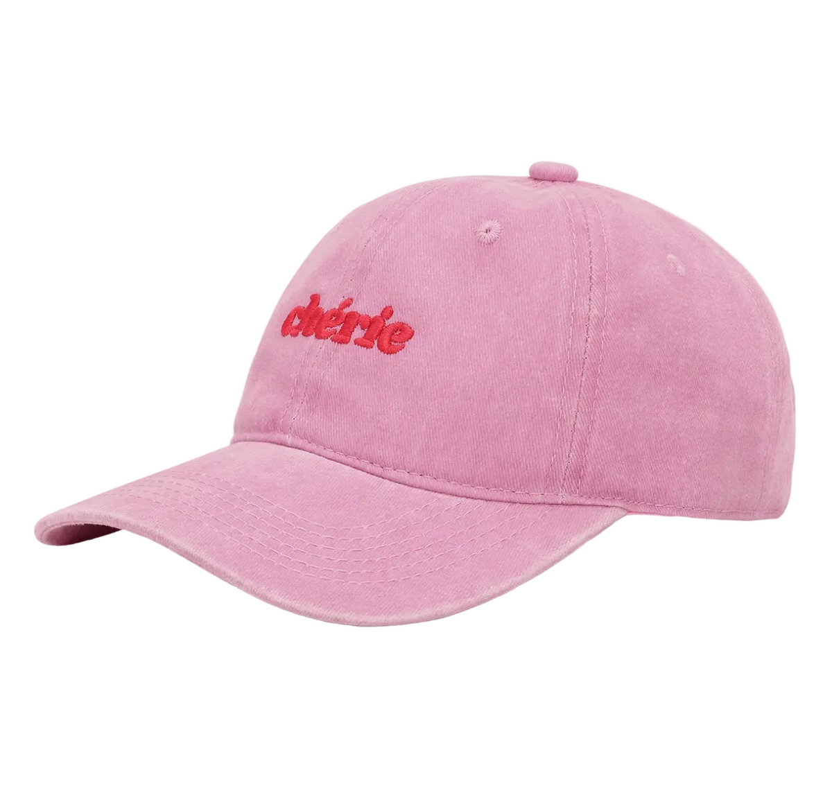 Sui Ava Everyday Cap, Cherie in Light Pink, a cotton cap with the word chérie embroidered in red script on the front.