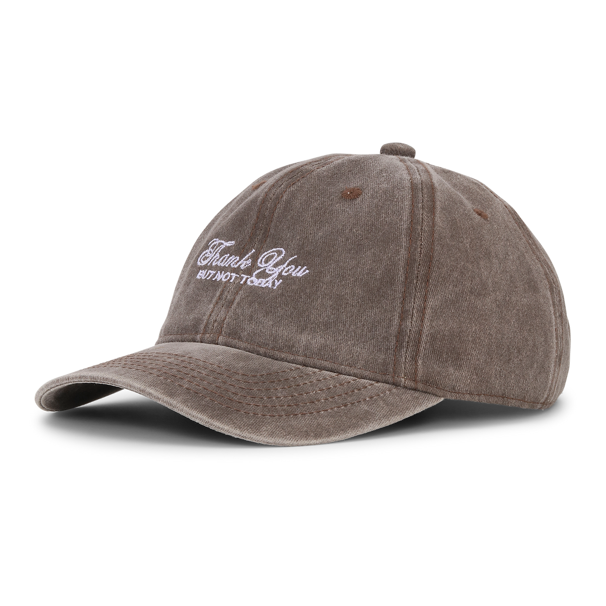 The Sui Ava Soft Served Cap in faded chocolate brown features "Thank You BUT NOT TODAY" embroidered in white on the front, made from distressed cotton and displayed against a plain white background.