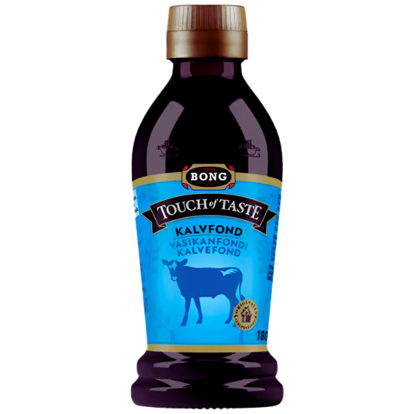 A dark plastic bottle with a gold cap and blue label reading “Deli Touch of Taste Kalvfond – Veal Stock 180ml,” featuring a calf illustration. This veal stock is an ideal enhancer to add gourmet flavor to your cooking.