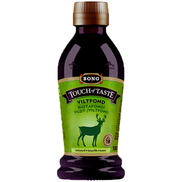 A 180 ml bottle of Deli Touch of Taste Vilt & Kantarellfond (Game/Chantarelle Stock) with a green label and deer silhouette, offering earthy chanterelle flavors and labeling in Swedish and Finnish.