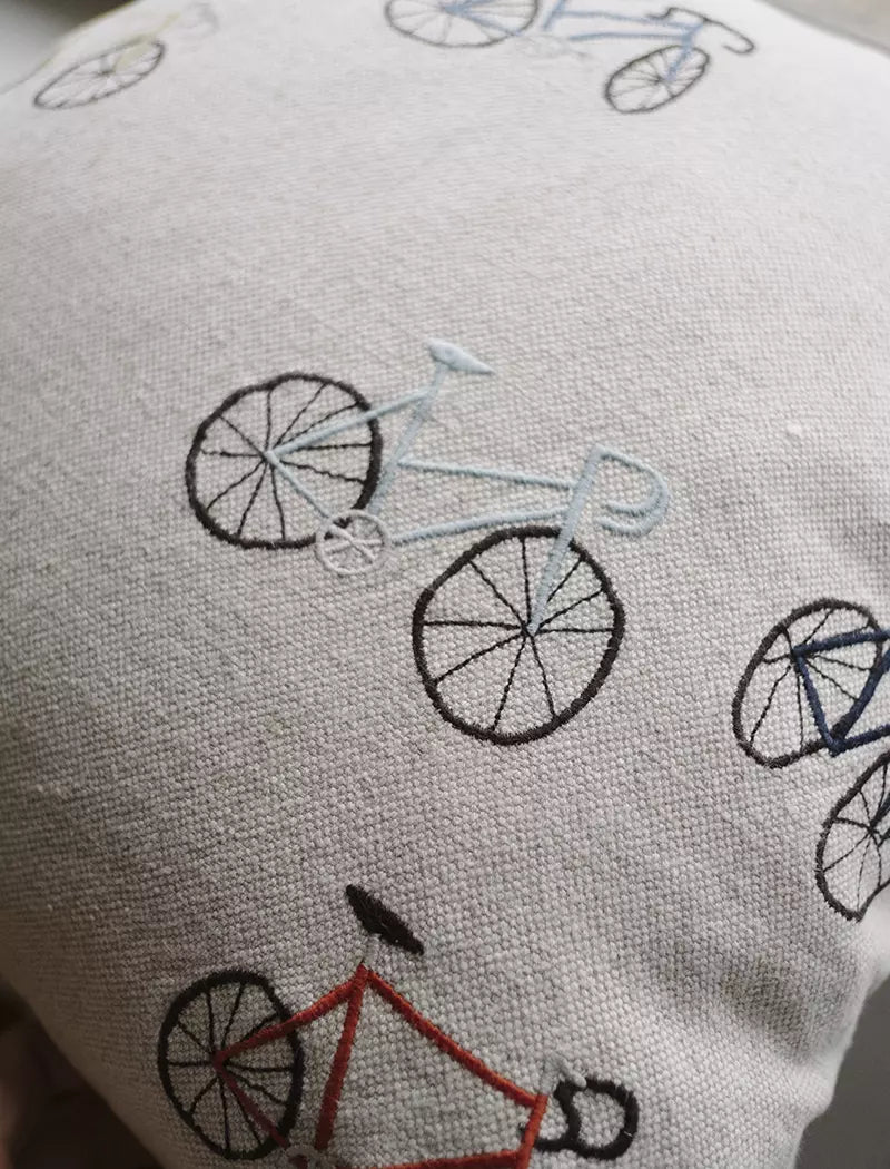 Bicycles Embroidered Cushion Cover w. Inner Cushion