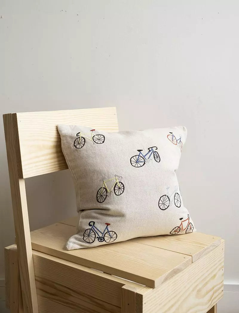 Bicycles Embroidered Cushion Cover w. Inner Cushion