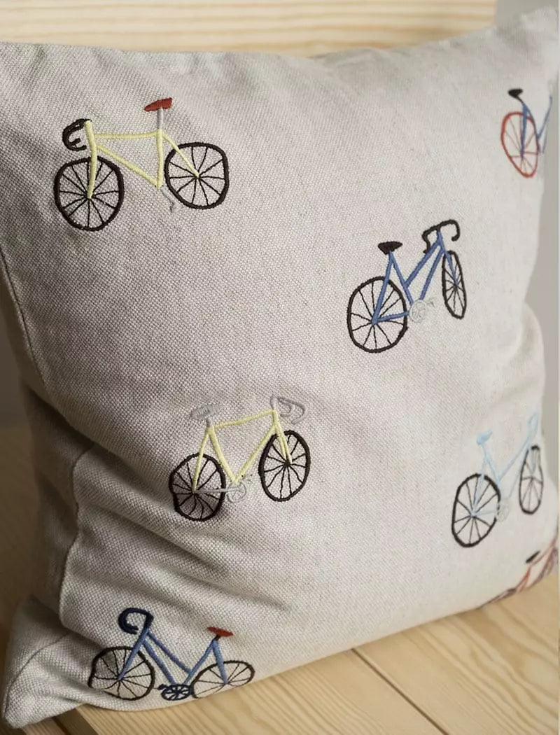 Bicycles Embroidered Cushion Cover w. Inner Cushion