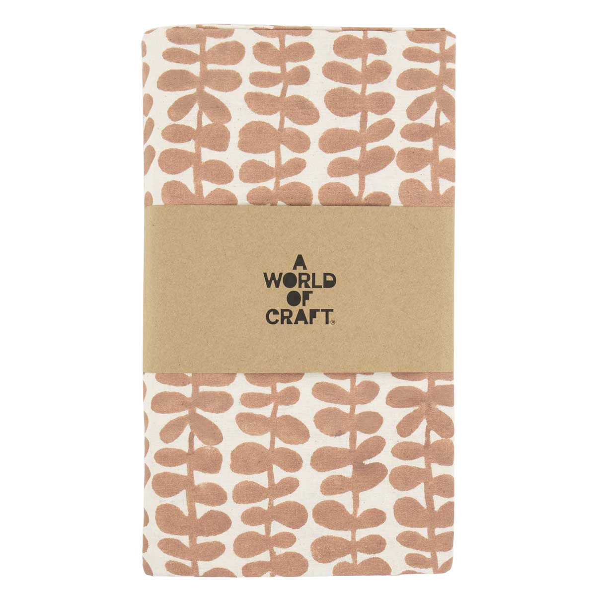 A World of Craft’s handmade Tablecloth Foliage in Pink & Off White (140 x 260 cm) features abstract leaf motifs on a cream background, folded and wrapped in a brown paper band with the brand’s label.