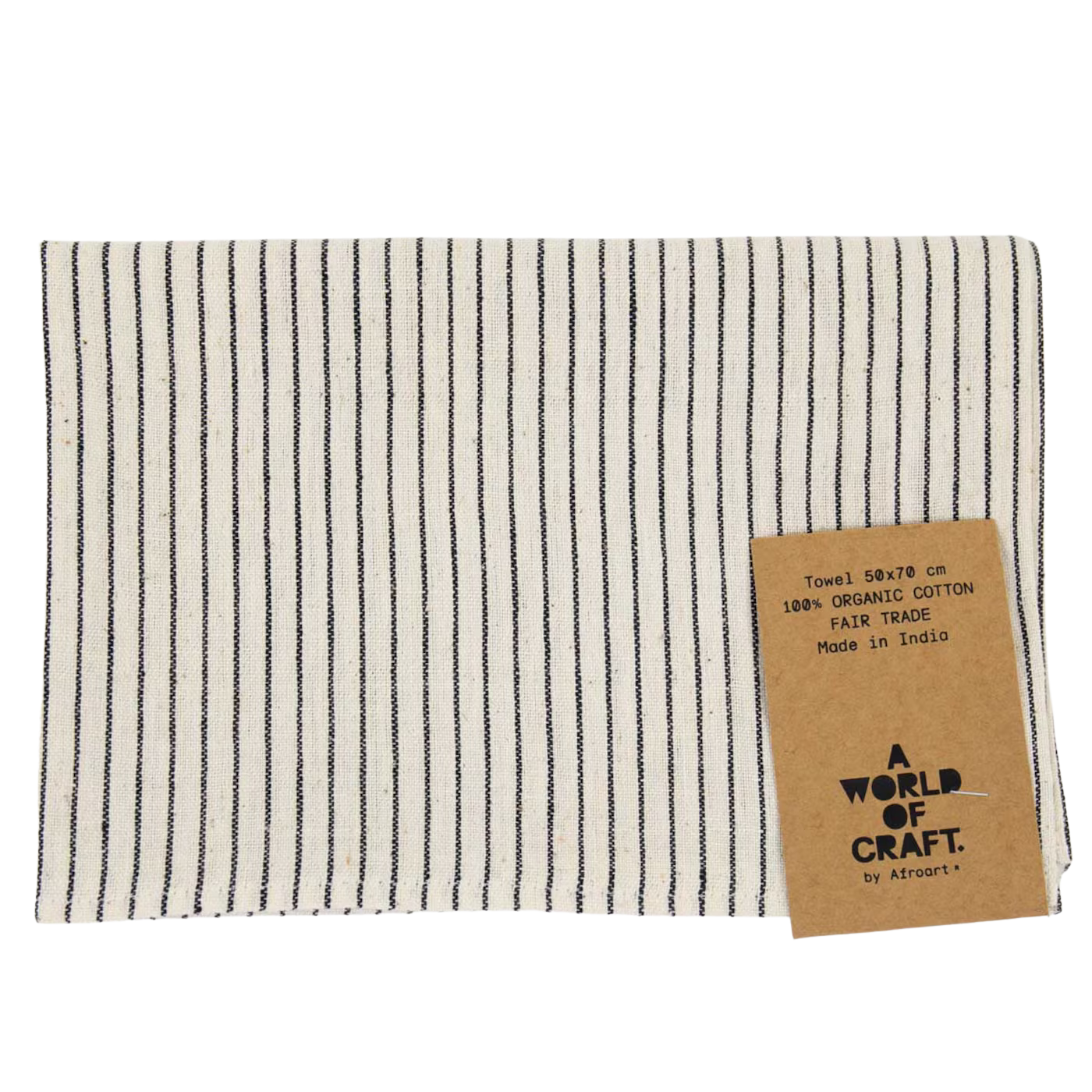 The Thinstripe Black & White Towel by A World of Craft is hand-woven in eco cotton, featuring thin black vertical stripes on white. It's 100% organic, fair trade, and made in India. Comes with a brown paper brand tag.