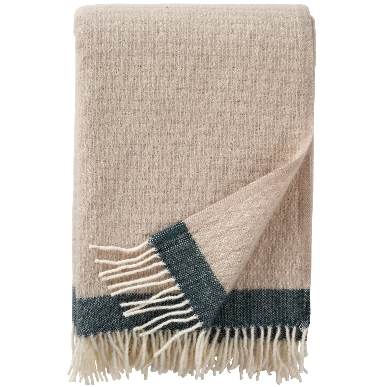 The Klippan Harald Eco Lambswool Throw in cream and green features a stylish folded design with contrasting edges and white fringed ends—an elegant accent for any home decor.