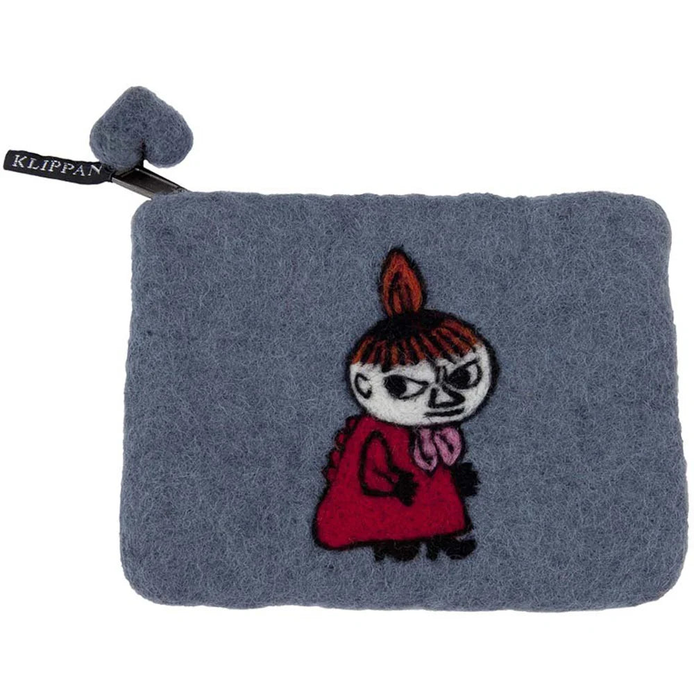 The Felted Wool Purse Sneaky Little My in Grey by Klippan Yllefabrik is a handcrafted accessory featuring a zipper and delightful embroidery of the red-haired, bun-wearing cartoon character Little My in her signature red dress and pink bow, finished with a KLIPPAN tag—perfectly capturing authentic Scandinavian charm.