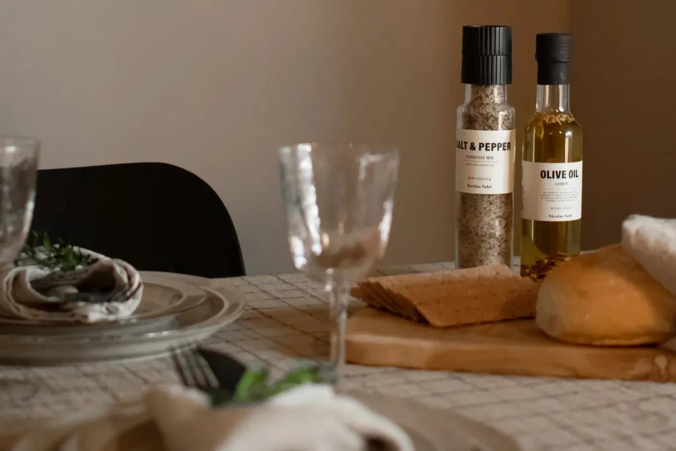 Nicolas Vahé salt & pepper and olive oil bottle on table