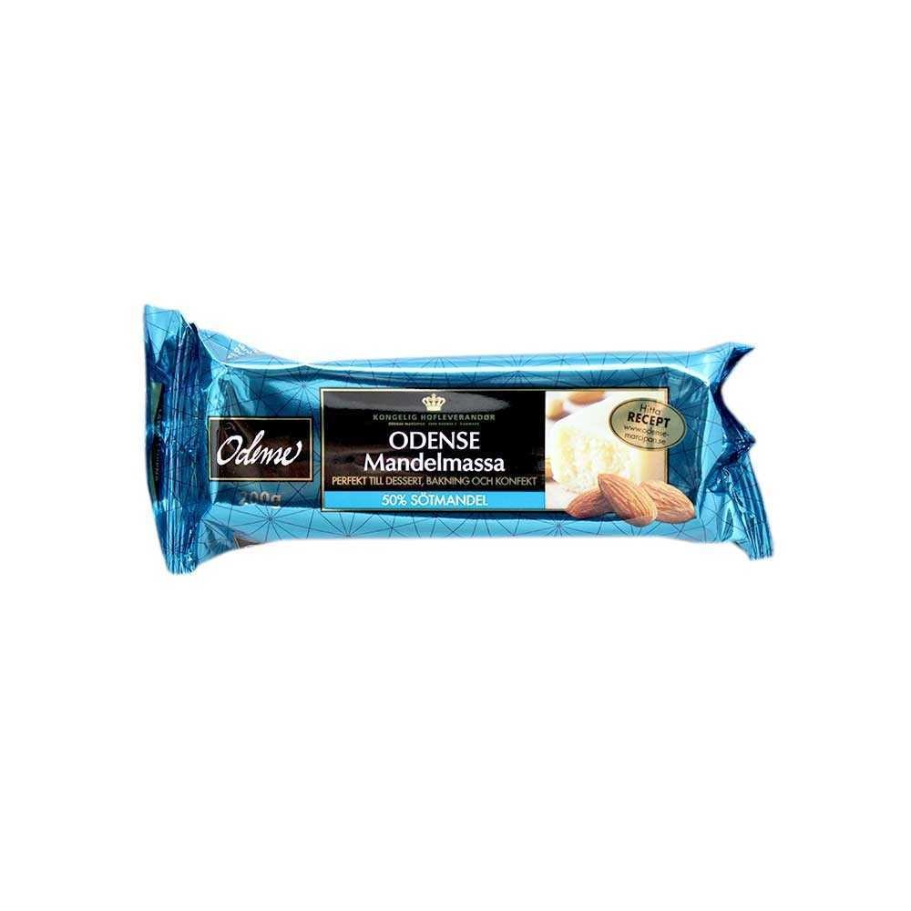 A 200 g blue package of Deli Odense Mandelmassa (Almond Paste), a Swedish treat with 50% almonds, similar to marzipan.