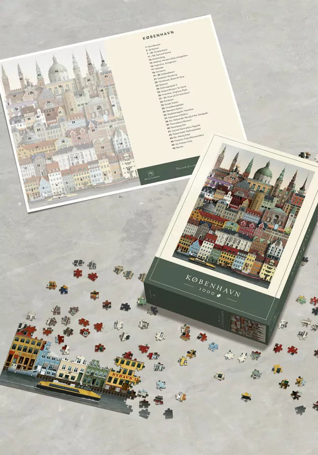 A partially assembled Copenhagen City Puzzle, 1000 Pieces by Martin Schwartz rests on a gray surface, displaying its detailed cityscape image. The puzzle box and a reference sheet listing famous Copenhagen landmarks are also included, while loose pieces surround the scene—inviting you to discover the city’s iconic buildings as you complete this intricate jigsaw.