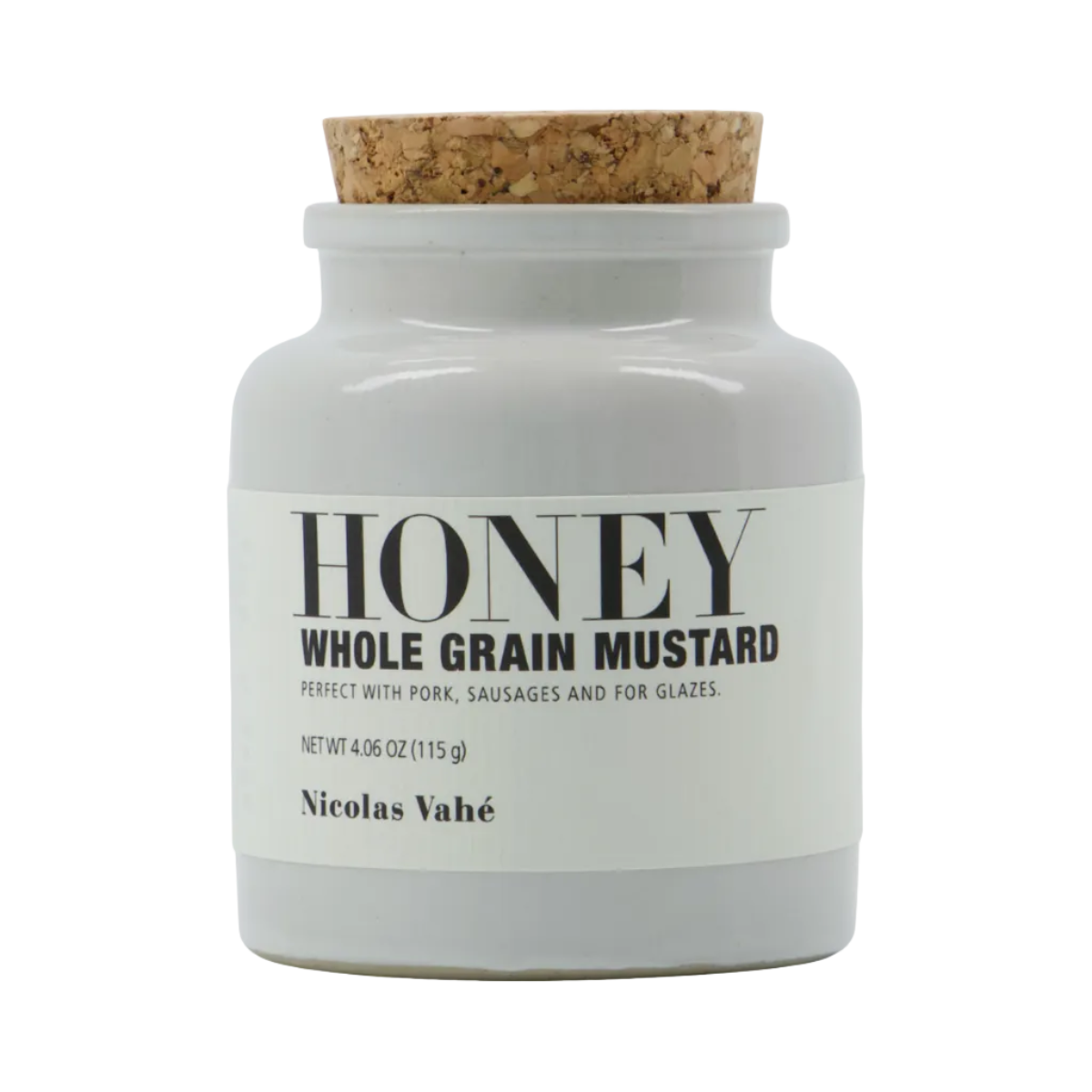 Nicolas Vahé Mustard, Honey & Whole Grain (4.06 oz/115g) in a white ceramic jar with cork lid, made with acacia honey—ideal for pork, sausages, or glazes.