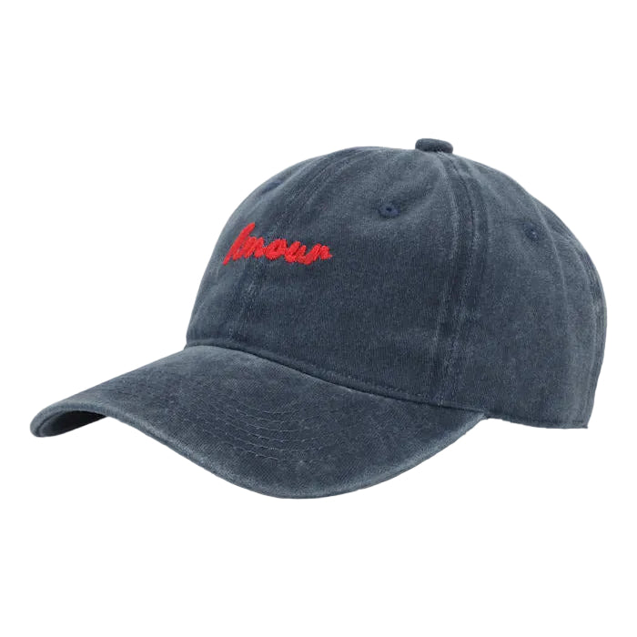 Sui Ava Everyday Cap, Amour in Blue & Red: a dark blue cotton cap with the word amour embroidered in red script on the front.