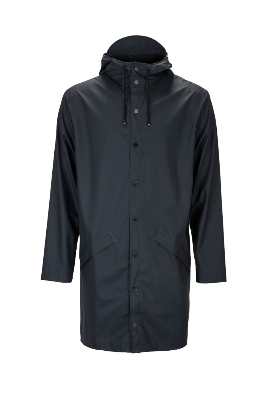 The Rains Unisex Long Jacket in Navy Blue by Rains features a hood, snap buttons, and two front pockets, displayed on a plain background.