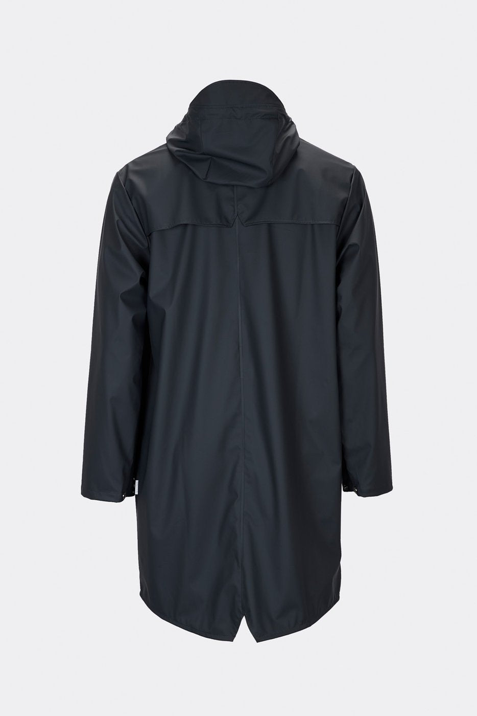 The Rains Unisex Long Jacket in Navy Blue by Rains is displayed from the back, featuring a hood, against a plain light background.