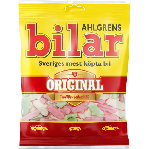 A 100g bag of Deli Ahlgrens Bilar Original, fruity Swedish marshmallow car-shaped sweets in cheerful yellow packaging.