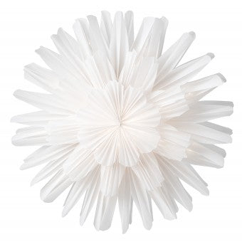 The Watt & Veke Star Snöblomma Christmas White 44cm is a pleated paper star, crafted from white tracing paper, and resembles a delicate flower when viewed from above.