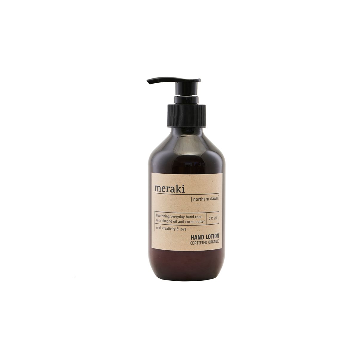 A brown pump bottle of Meraki Hand Lotion Organic, Northern Dawn (275 ml) is shown against a plain white background.